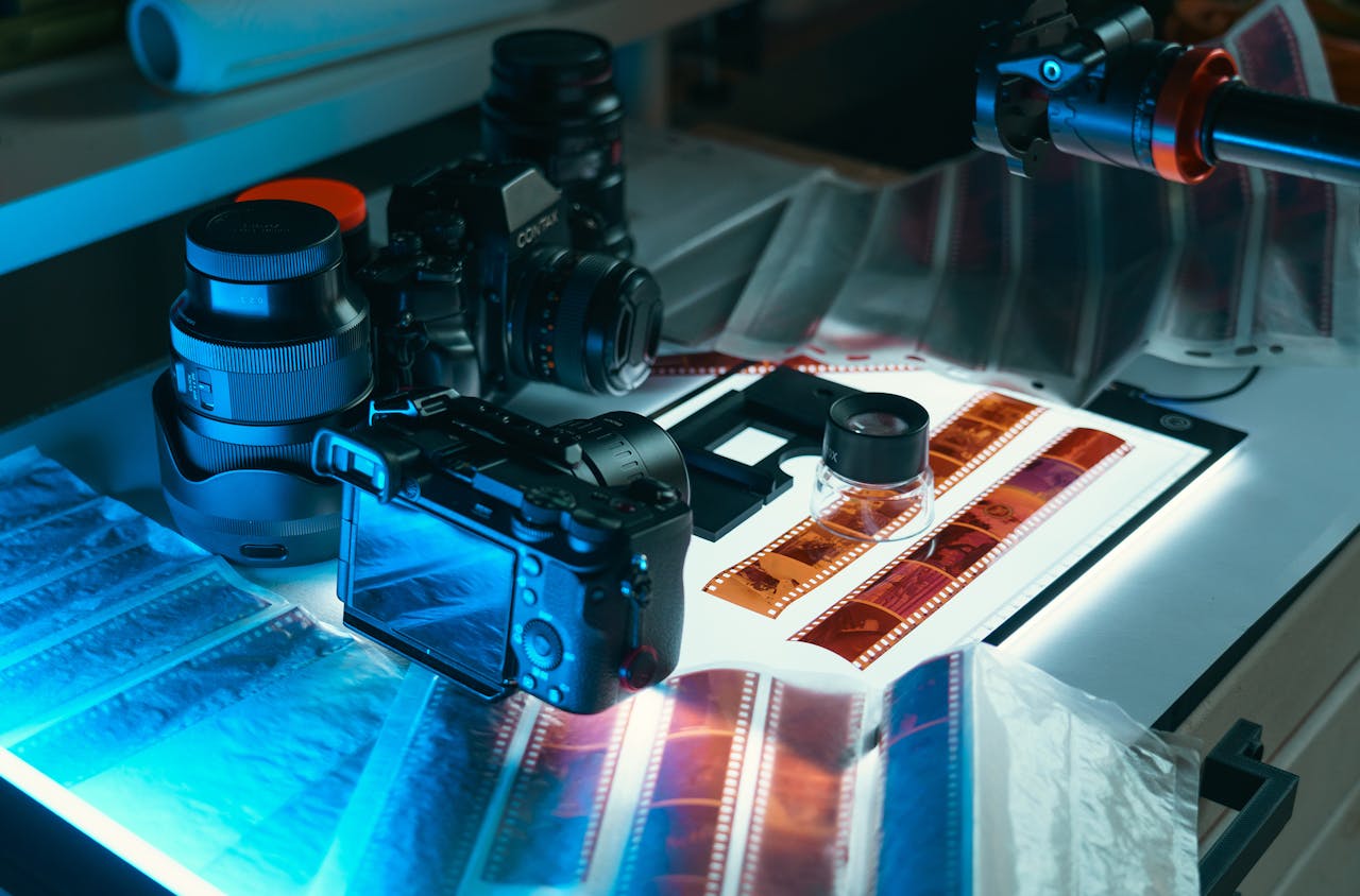 services-01 A comprehensive setup for digitizing analog film negatives to digital format in a photography studio.